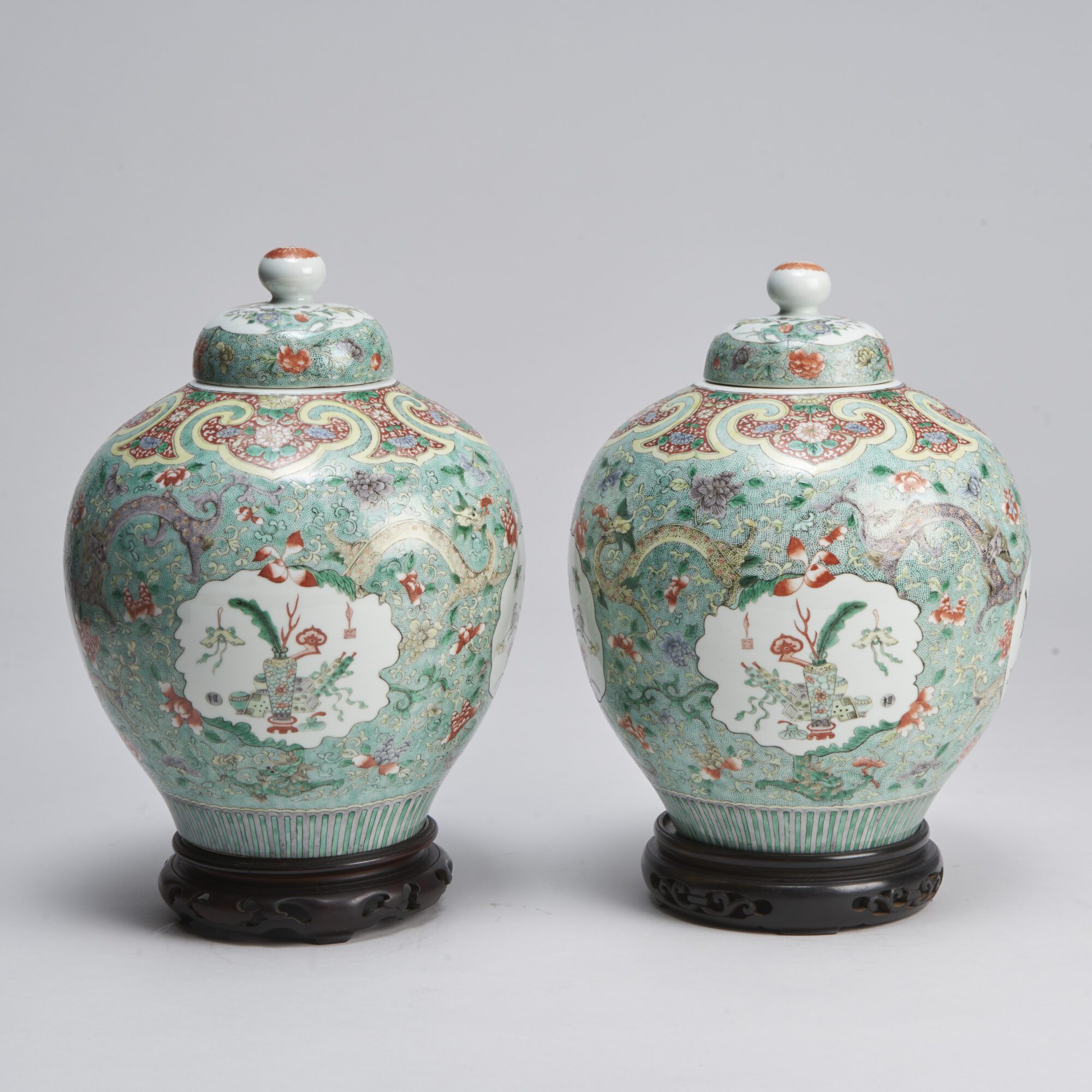 A finely painted pair of 19th Century Chinese famille verte jars and covers from Kevin Page