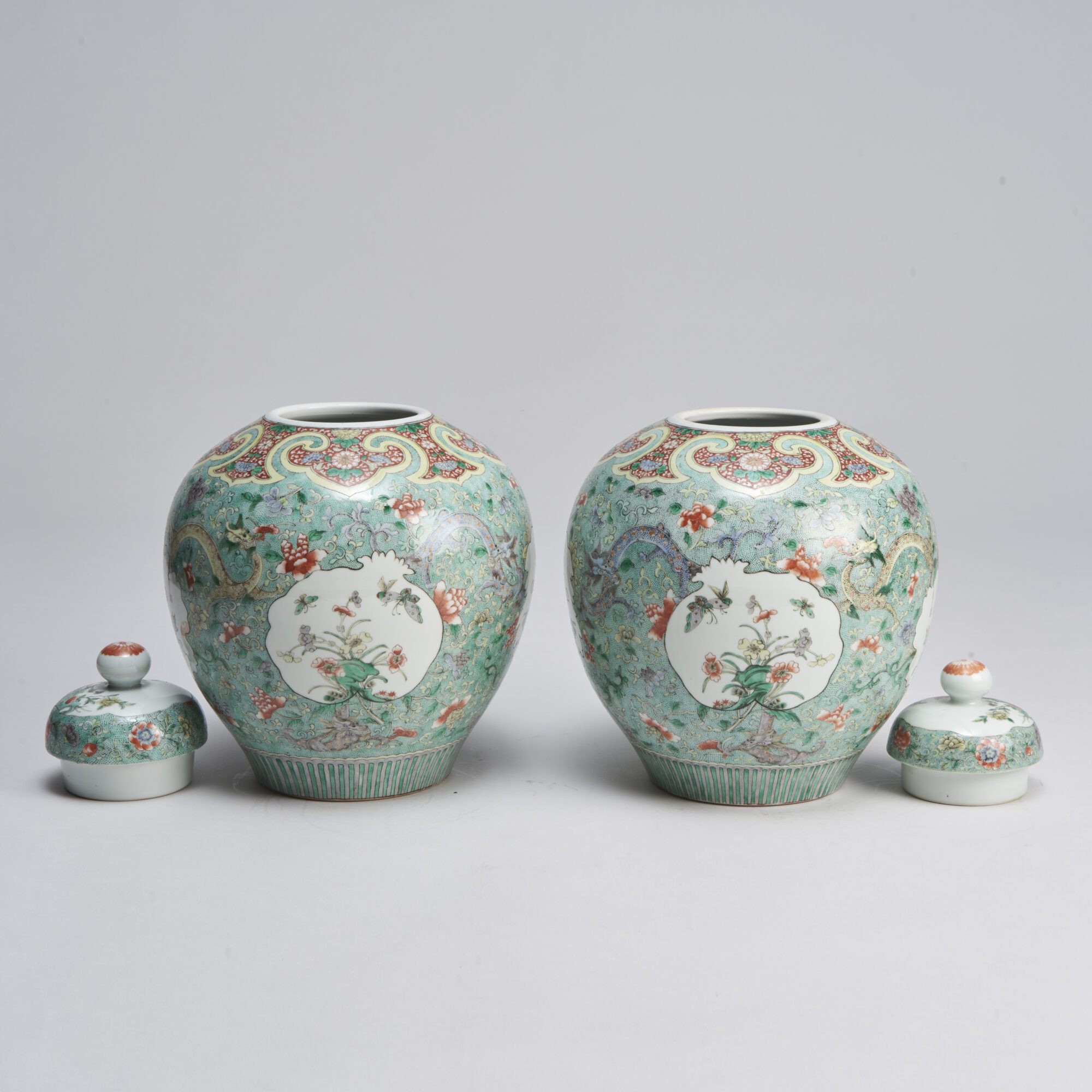 A finely painted pair of 19th Century Chinese famille verte jars and covers from Kevin Page